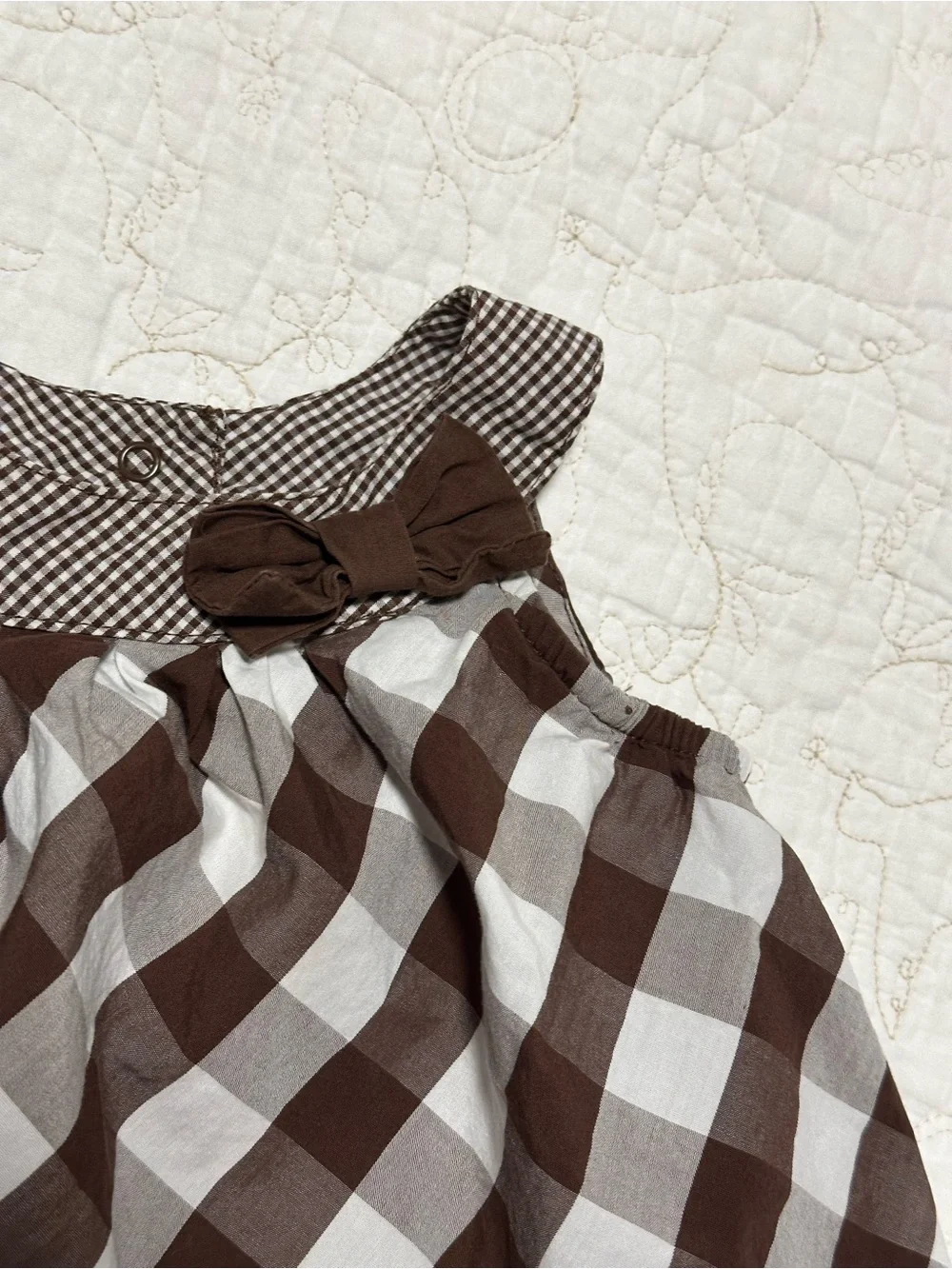 Carter's Brown and White Gingham Bubble Romper with Bow Collar